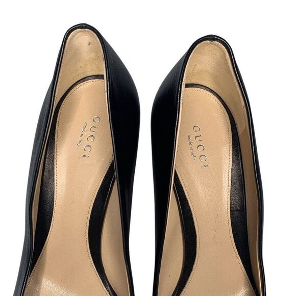 Gucci Black Nappa Leather Silver Horsebit Pumps EU 40 US 10 Peep Toe High Heels - Picture 3 of 10